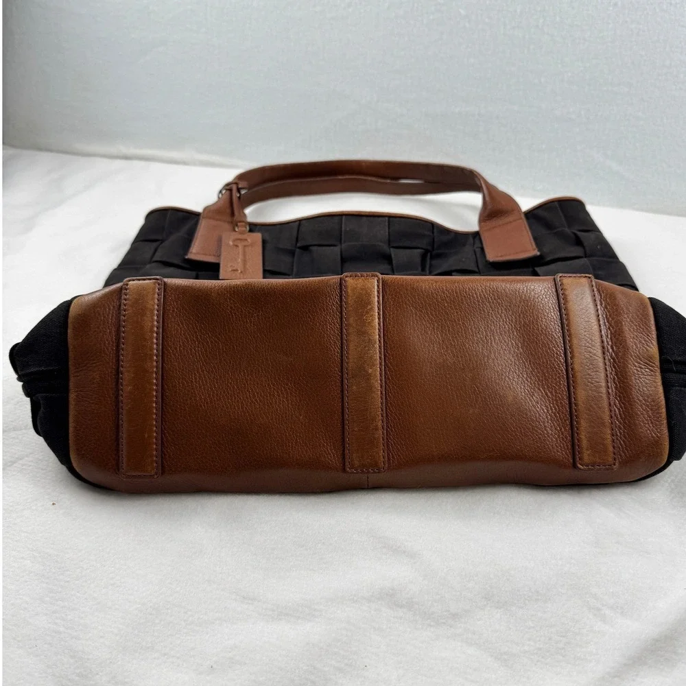 Fossil Woven Canvas Tote Bag Black Brown Leather Trim Shoulder Bag Key Fob